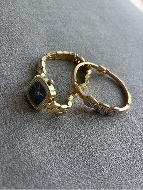 Gold-Tone Women's Bracelet Watch and Crystal Bangle Set